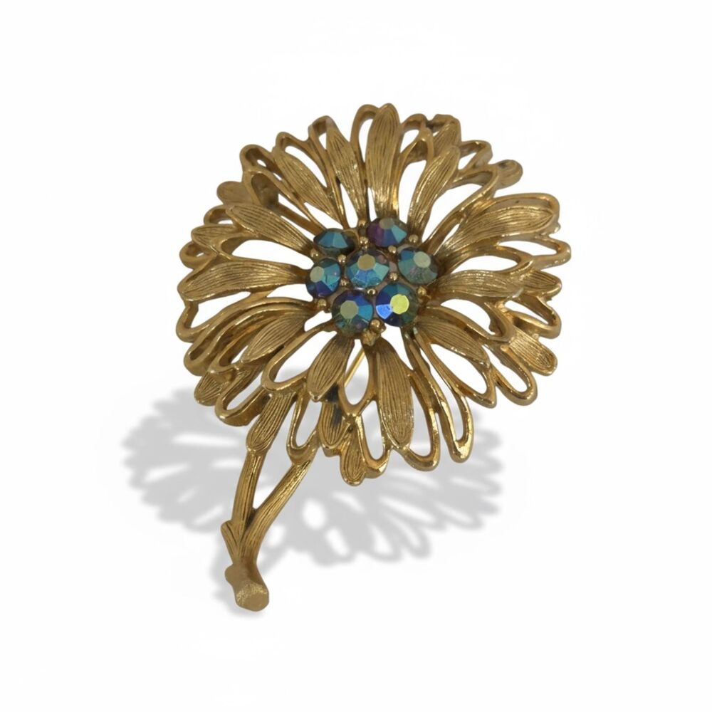 Lisner Gold Tone Flower Brooch Aurora Borealis Rhinestone Center